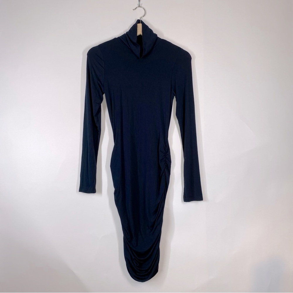 Krisa Black Turtleneck Ruched Long Sleeve Midi Dress Size XS Minimalist Career